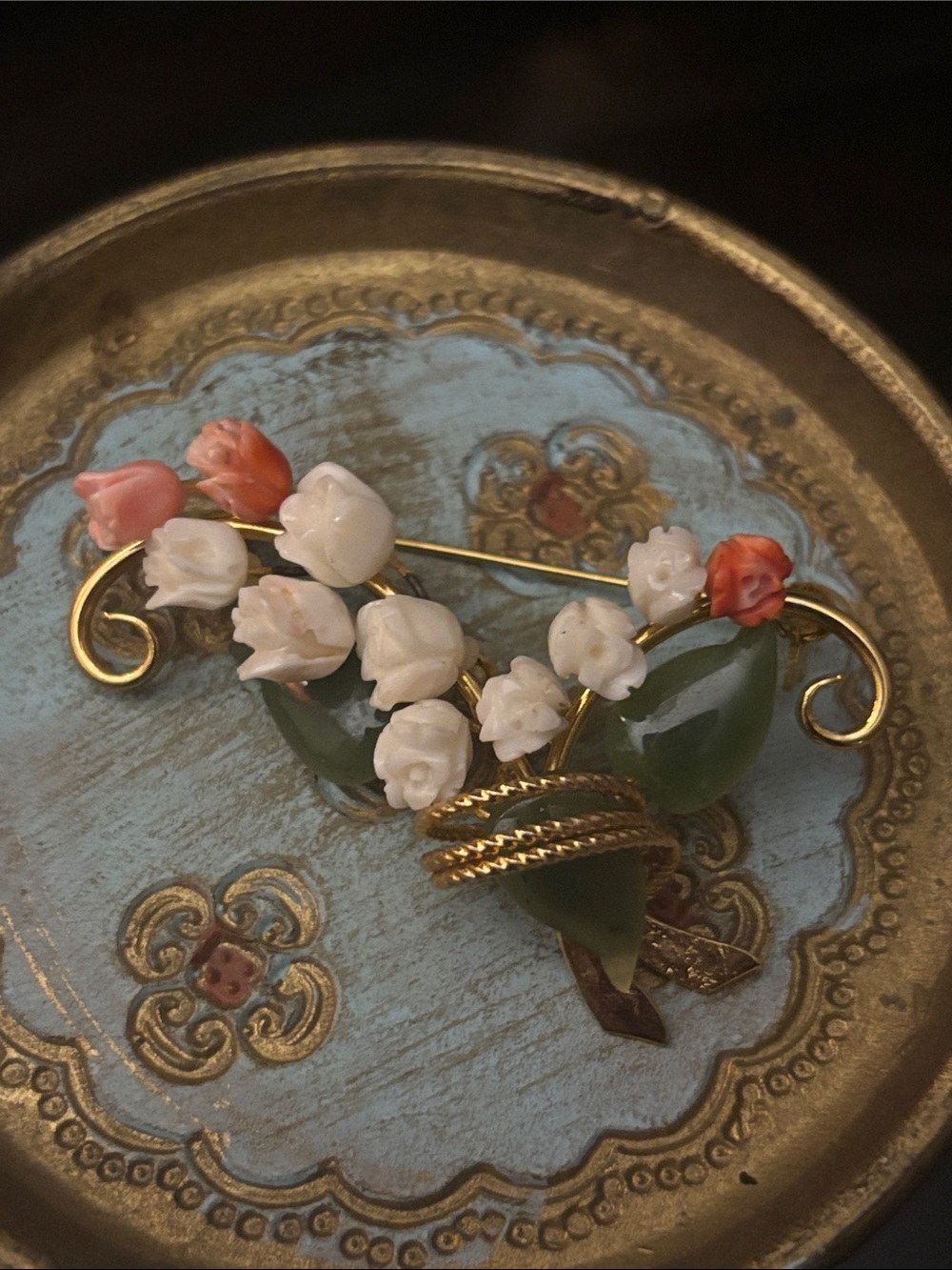 Estate vintage gold jade Floral Coral and White Shell Bouquet Pin broach